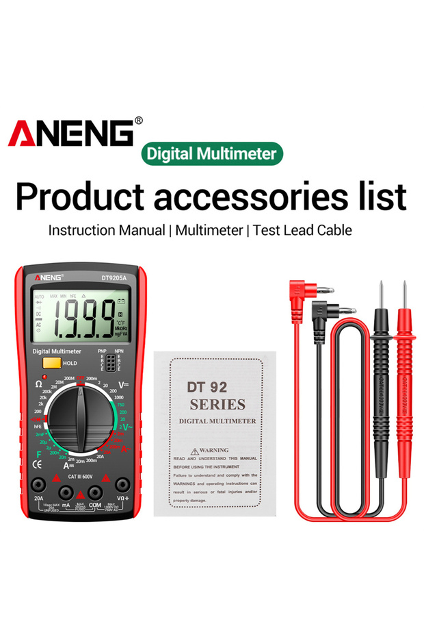 جهاز قياس رقمي احترافي متعدد الوظائف ANENG DT9205A أحمر اللون، يقيس التيار المتردد/المستمر، HFE، المقاومة، السعة، الجهد
