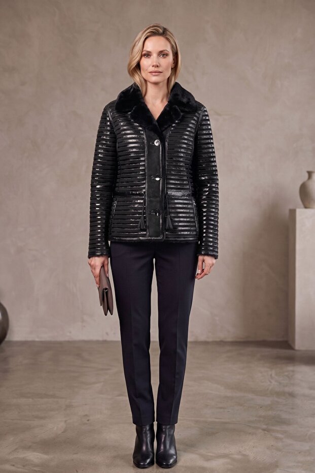 Black Horizontal Trim Shiny Genuine Leather and Fur Women's Coat