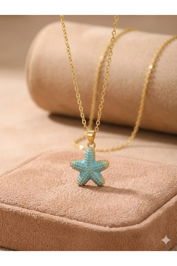 Blue Starfish Gold Color Steel Necklace