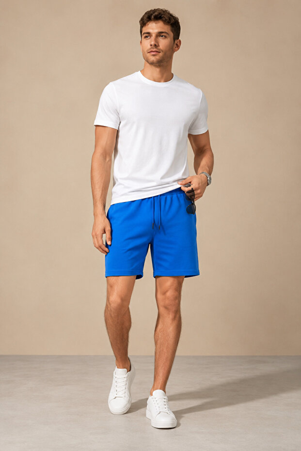 Men's Cobalt Blue Pique Fabric Elastic Waist Lace-Up Shorts