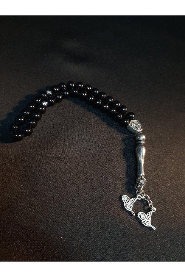 33-Piece Prayer Beads with Tuğra Detail, Designed with Black Glass Beads