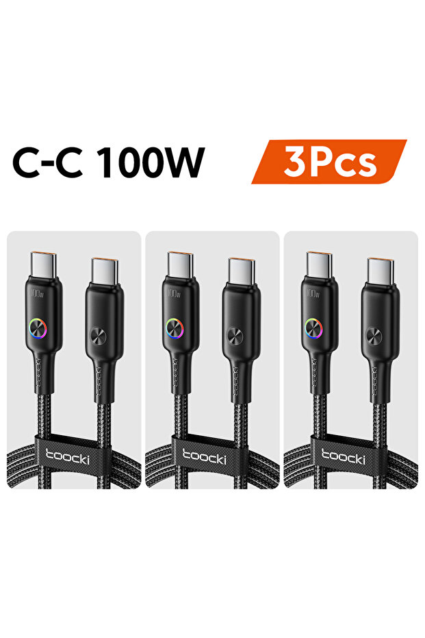 كابل توكي نوع سي إلى نوع سي أسود بطول 1.2 متر، 3 قطع، شحن سريع 100 واط، كابل USB-C إلى USB-C