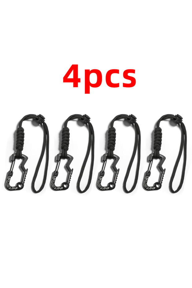 Black 4PC Multifunctional Tactical Hook Carabiner with Paracord Keychain Anti-Loss Rope for Outdoor