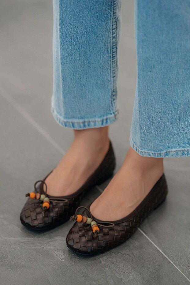 Elar Bowknot Bead Detail Braided Leather Ballerinas Brown