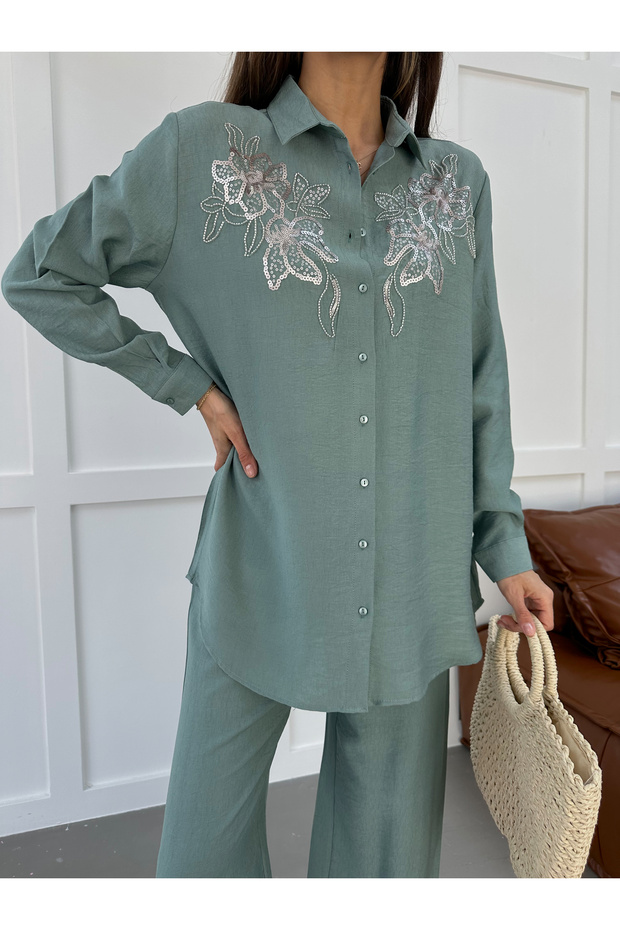Women's Shirt with Beaded Embroidery on Front and Sleeves, Oversize Pants, Sizeable Suit
