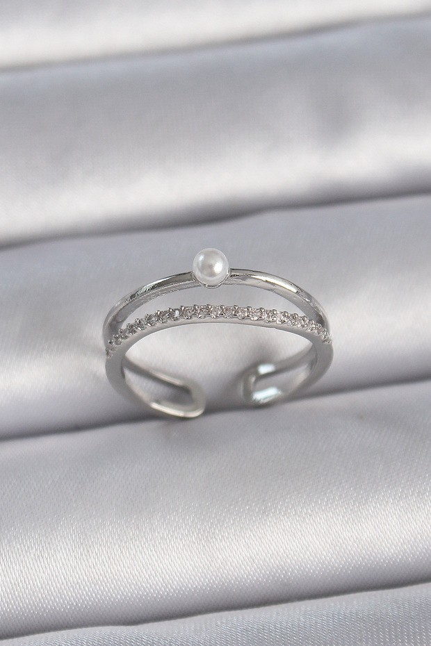 Brass Silver Color Zircon Stone Pearl Detail Adjustable Model Women's Ring - Teolsa3543-4