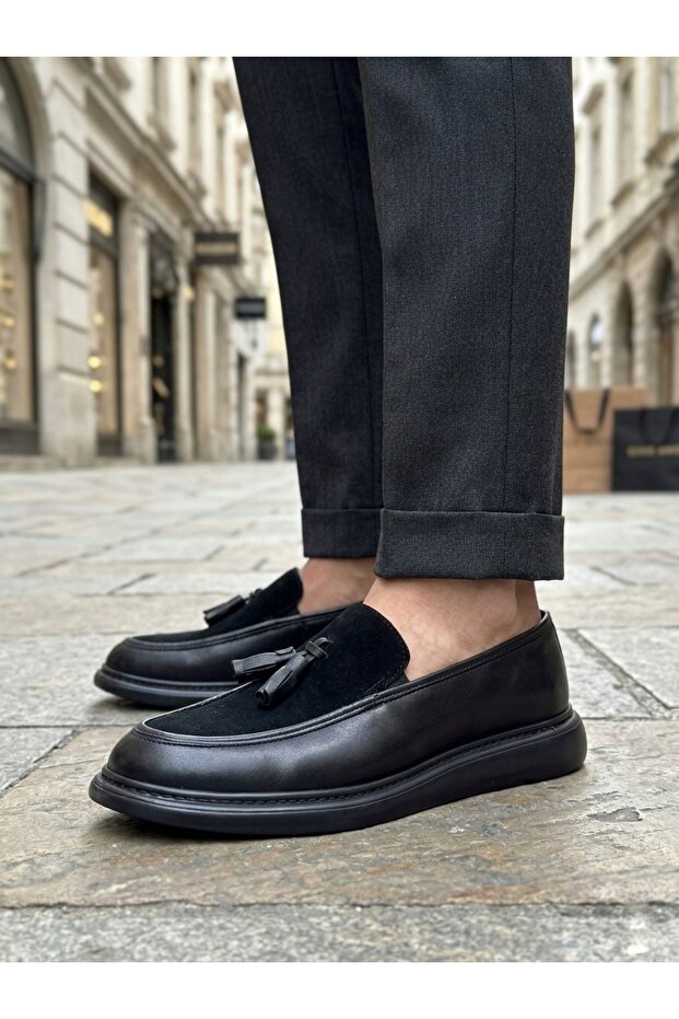 Aba0005 New Season Thick Soled Black Suede Loafer Shoes