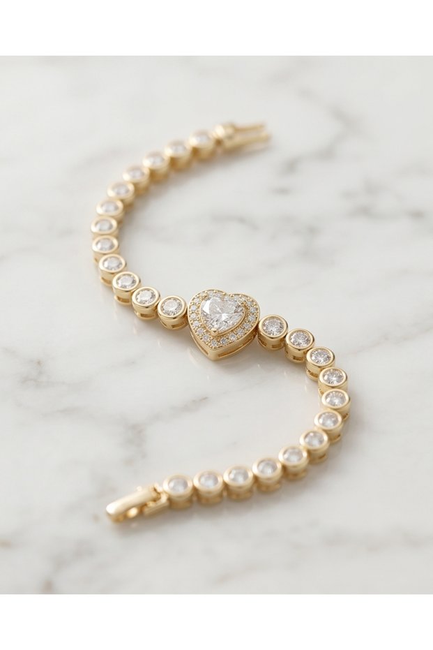 Heart Stone Detailed Gold Plated Tennis Bracelet