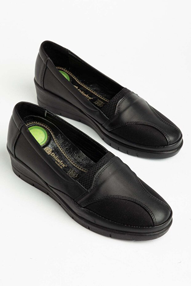 Large Size Genuine Leather Women's Wedge Heeled Casual Shoes Black Side Stretch
