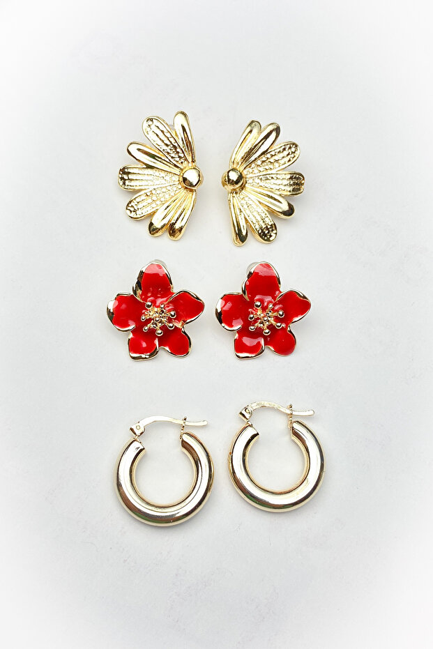 3 Pieces Gold and Red Flower Plated Set Earrings