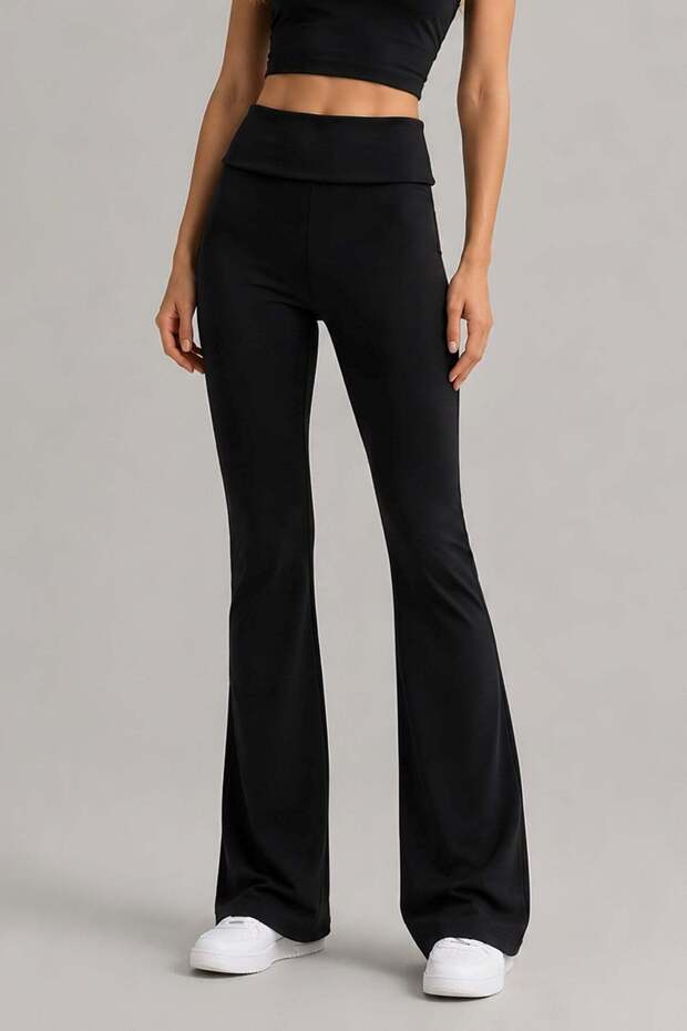 Black Soft Modal Folded Waist Flare Fit Pants