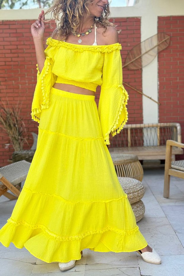 Yellow Ruffled Skirt Elastic Waist Bohemian Muslin Woven Flared Skirt 90 35