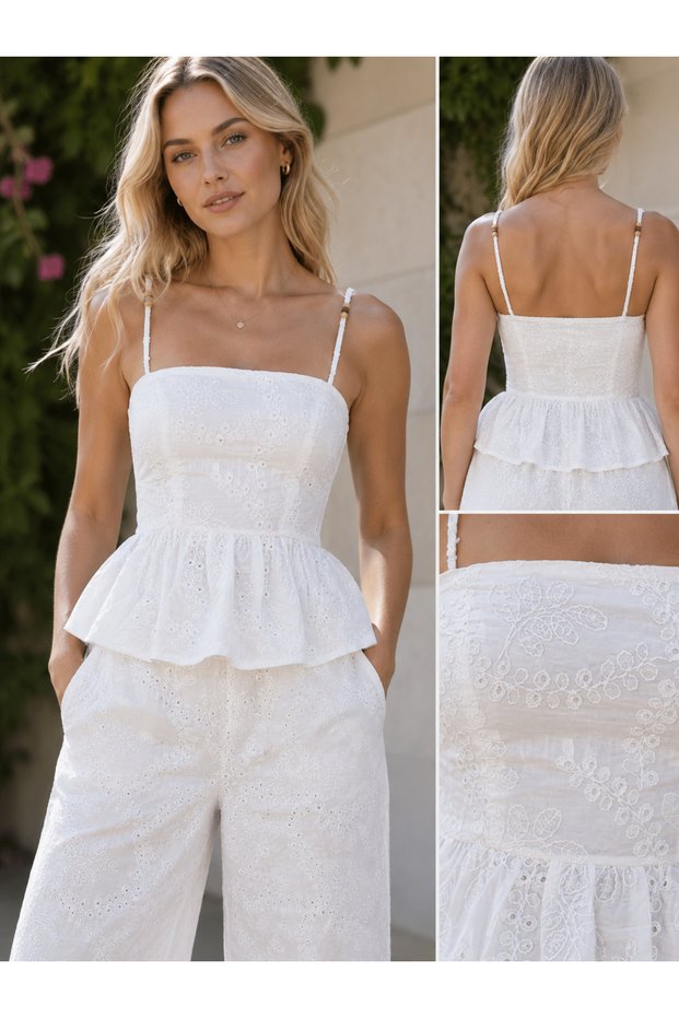 Women's White Embroidered Strappy Peplum Blouse