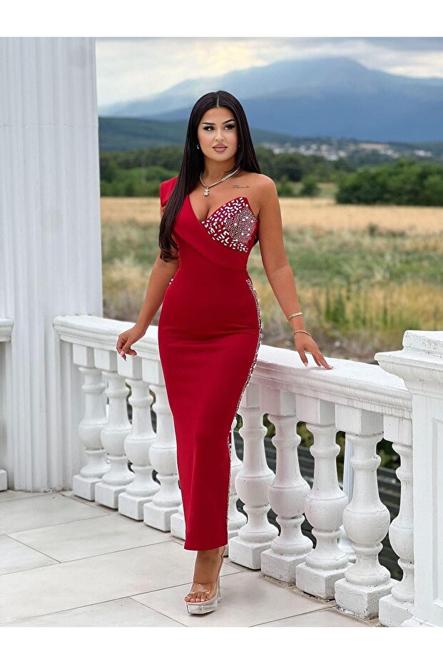 Red One-Shoulder Stone Embellished Slit Evening Dress 583240