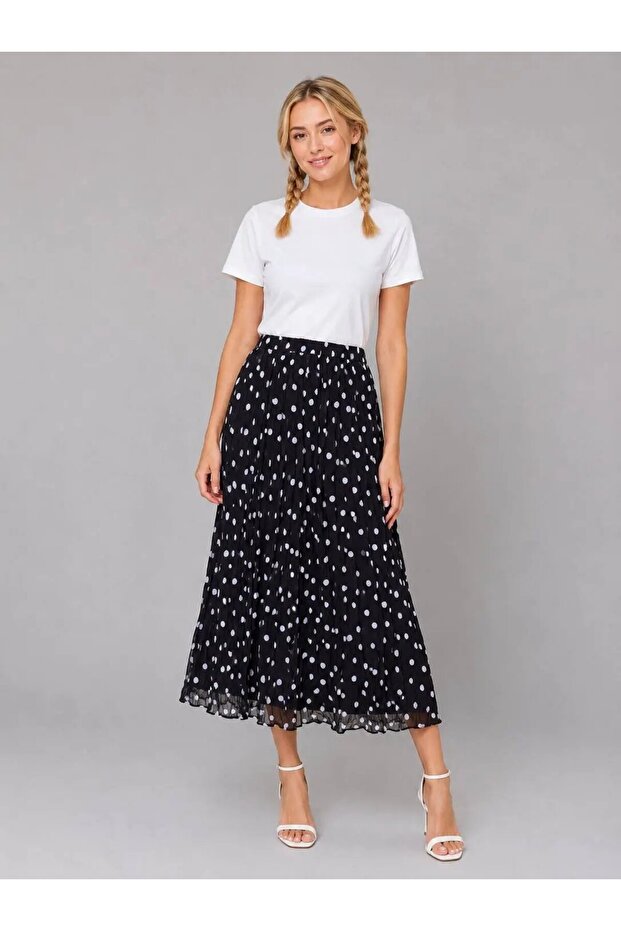 Women's Polka Dot Elastic Waist Lined Chiffon Skirt 26069