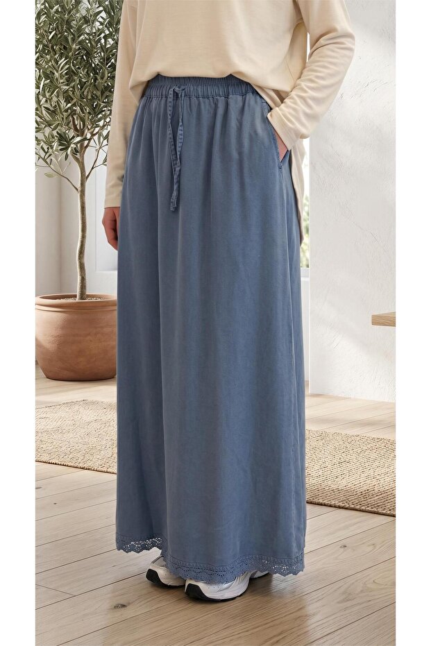Embroidered Lace Tencel Skirt with Elastic Waist and Double Pockets