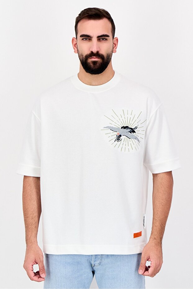 Men Crew Neck Short Sleeve Embroidered T-Shirt, White
