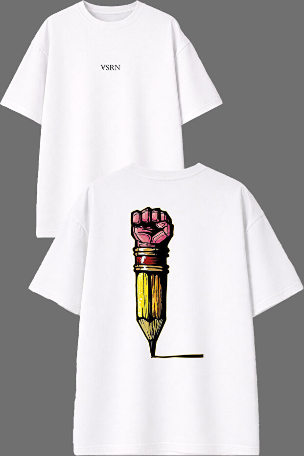 Pencil Power Design Front and Back Printed White Oversize T-Shirt