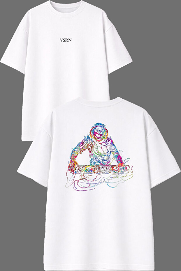 Striped Dj Design Front and Back Printed White Oversize T-Shirt