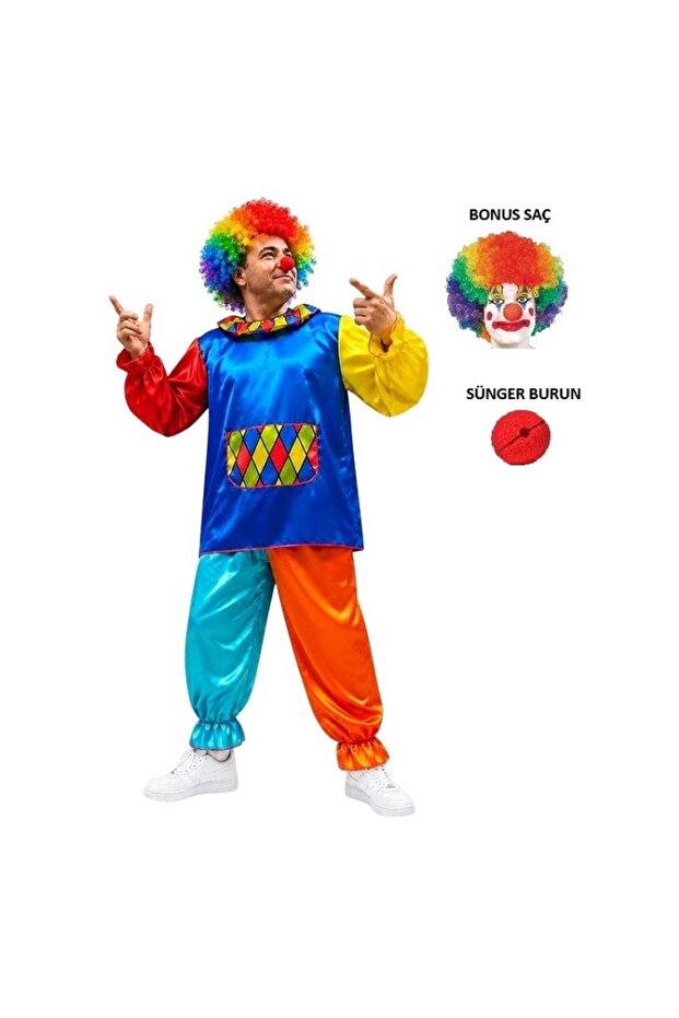 Clown Costume Double Top and Bottom Set Bonus Wig and Nose Set