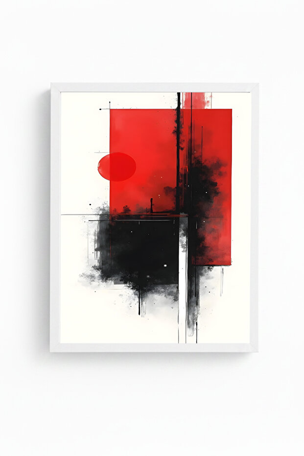 White Wooden Framed Abstract Red and Black Patterned Painting - Minimal | Huhu1245