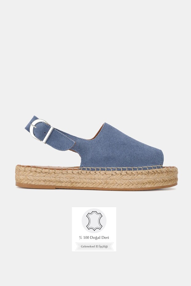Women's Indigo Blue Suede Genuine Leather Size 36-41 Open Front Flat Sole Daily Espadrilles