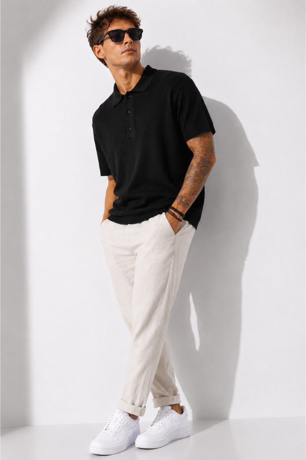 Men's Short Sleeve Ribbed Half Button Closure Polo Collar T-Shirt 26001