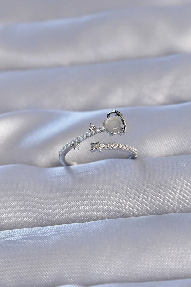 Brass Silver Color Zircon Stone and Pearls Saturn Model Adjustable Ring