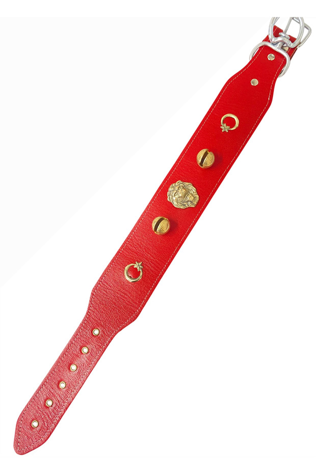 Kangak Dog Collar Genuine Buffalo Leather with 2 Bells Red