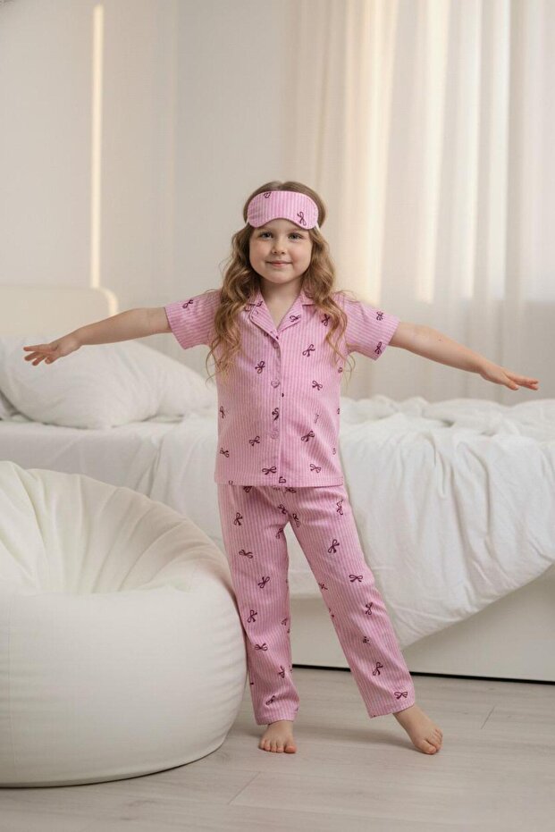 Pink Soft Striped Bow Patterned Bamboo Front Buttoned Eye Patched Short Sleeve Pajama Set 2006