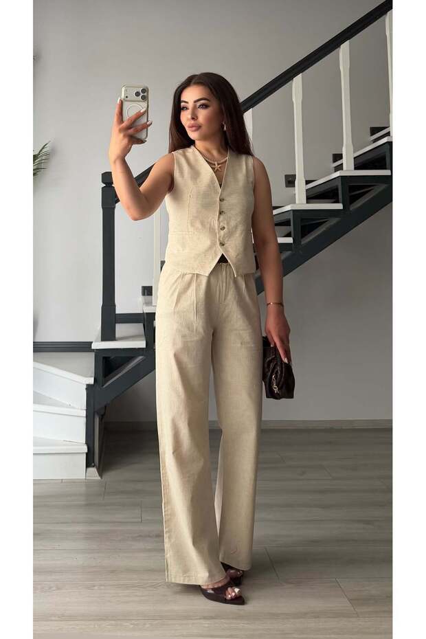 Stone imported linen vest-pant set