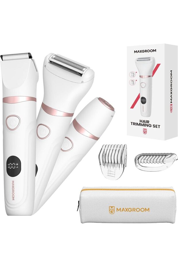 Bikini Trimmer for Women, 3-in-1 Painless Electric Razor for Pubic Hair, Waterproof Cordless Lady Shaver with LED Light, Travel Pouch & Easy Cleaning
