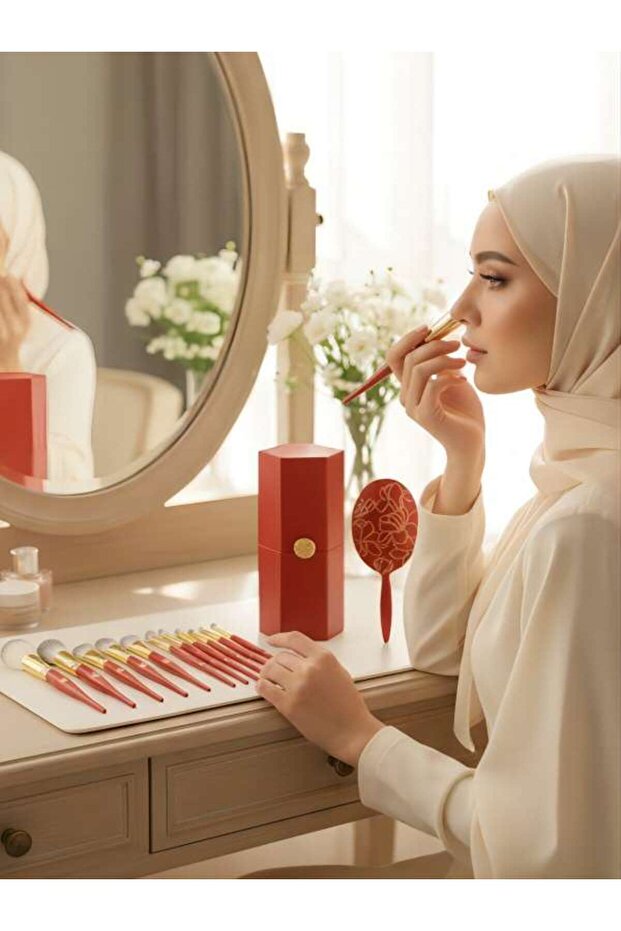 مجموعة فرش مكياج احترافية من 10 قطع - بنمط أحمر وذهبي، مناسبة للوجه بالكامل