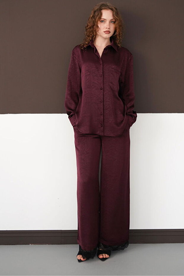 Pleated Hem Lace Trousers - Plum | F2102 - Plum