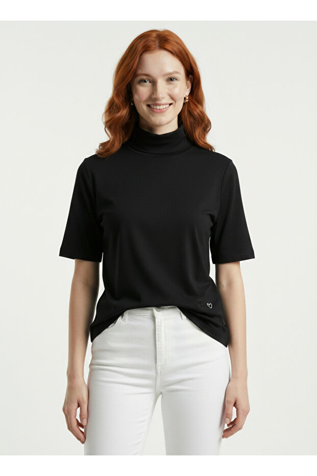 Women's Black Half Turtleneck Short Sleeve T-Shirt