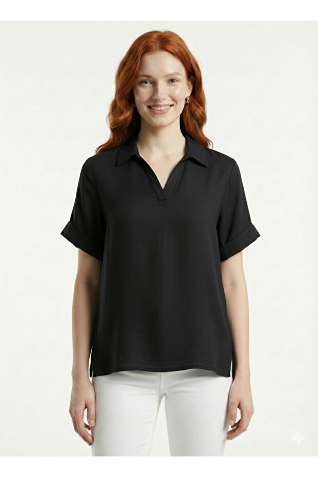 Black Short Sleeve V-Neck Women's Blouse