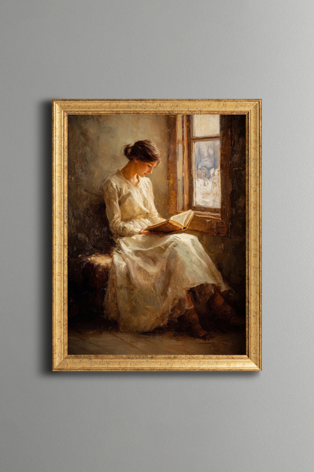 امرأة تقرأ كتابًا على النافذة - إطار بنمط عتيق - موديل نحيف