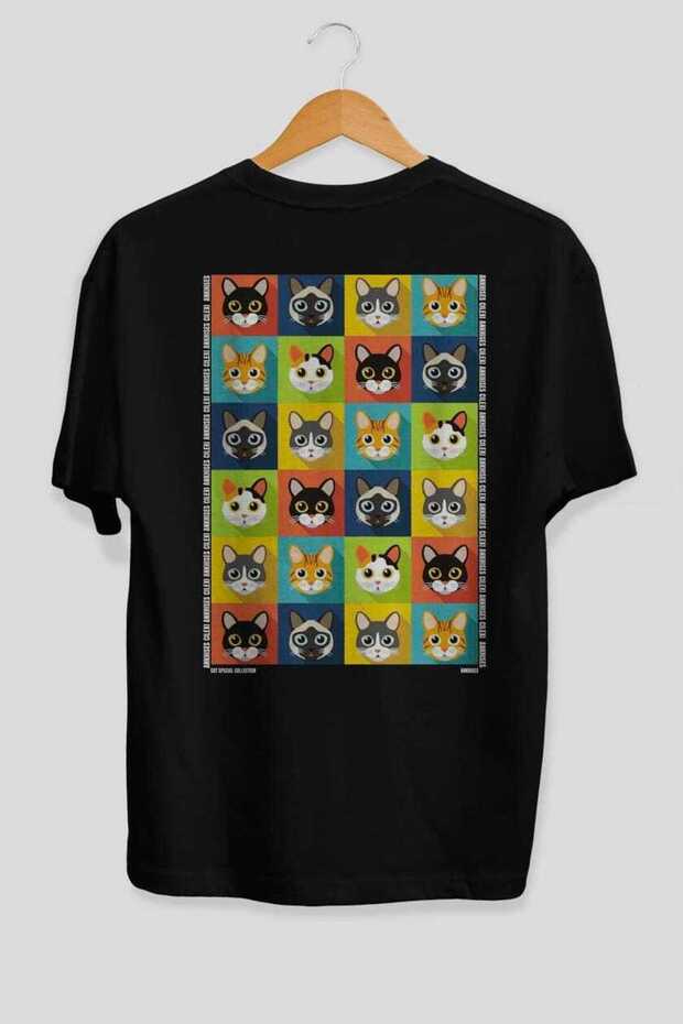 For the Love of Cats 122 Cat Printed Black Oversize T-Shirt 100% Cotton Unisex Cat Lover Premium Design
