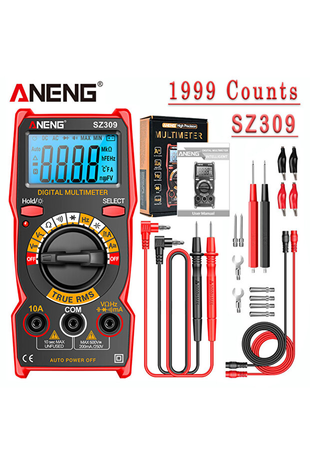 جهاز قياس رقمي متعدد الوظائف ANENG SZ309 أحمر اللون، 1999 عداد، ذكي واحترافي عالي الدقة للتيار المتردد/المستمر