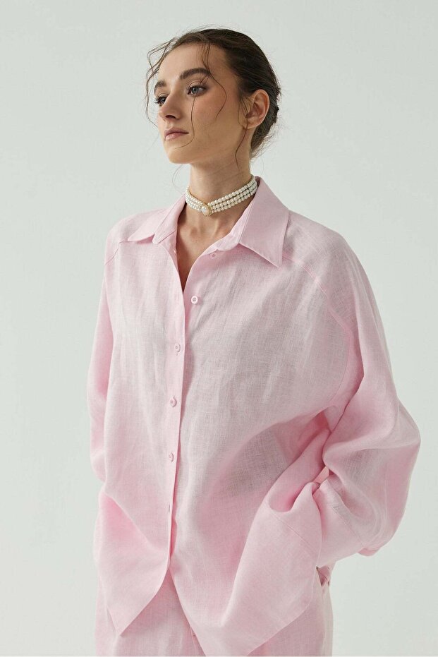 Pembe Oversize Basic Keten Gömlek