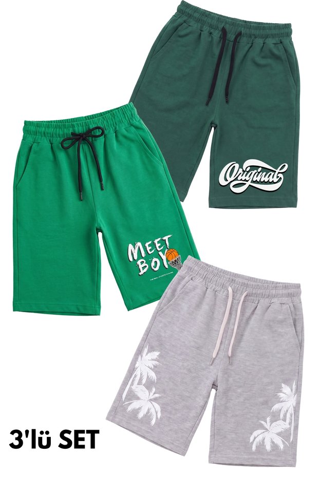 3-Piece Set with Print Detail, Elastic Waist, Double Pockets, Summer Boys' Capri Pants