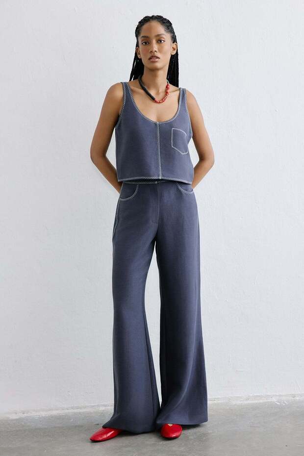 Linen Blend High Waist Indigo Trousers