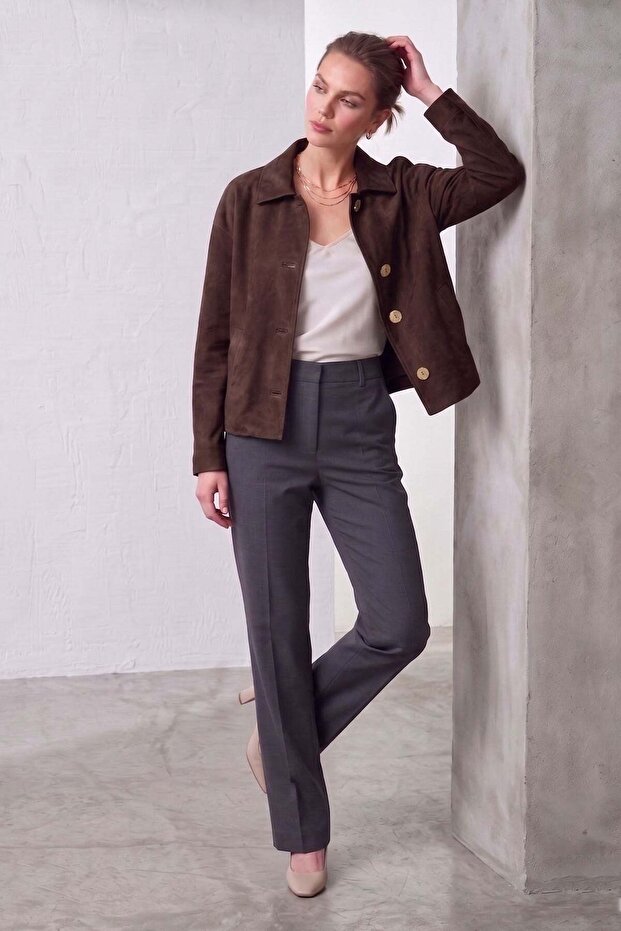 Brown Suede Women's Genuine Leather Classic Collar Buttoned Jacket