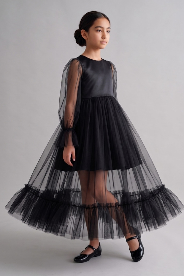 Black Long Tulle Skirted Glitter Girls' Evening Dress Graduation Gown - Harriet