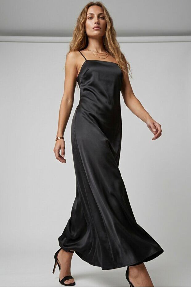 Maxi Length A-Line Satin Strap Woven Dress
