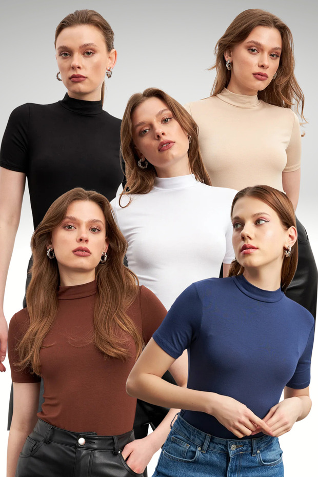 Women's 5-Pack Black White Cream Bitter Coffee Navy Blue Short Sleeve Blouse