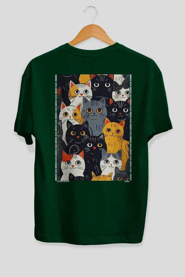 27 Cats for Cat Lovers Printed Green Oversize T-Shirt 100% Cotton Unisex Cat Lover Premium Design