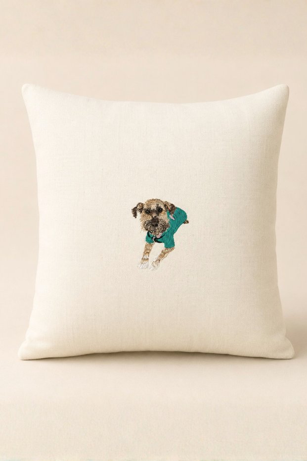 Dog Embroidered Linen Throw Pillow 40X40 cm Filled – Decorative Home and Living Room Cushion
