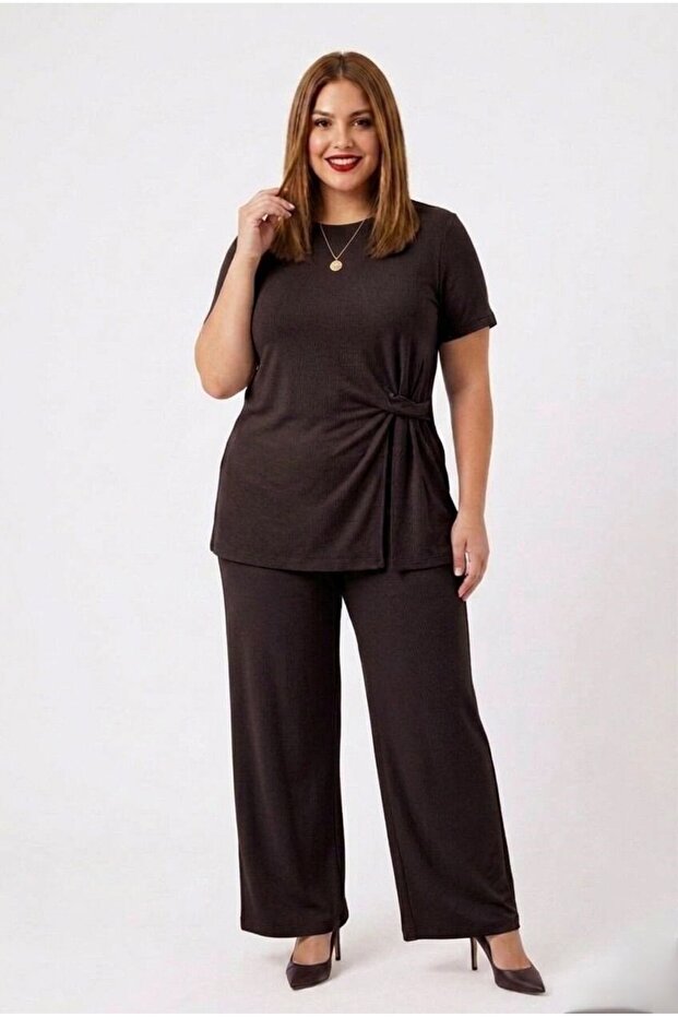 Women's Plus Size Short Sleeve Side Knotted Tracksuit Set 8257-26