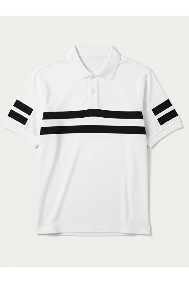 Striped Printed Buttoned White T-Shirt